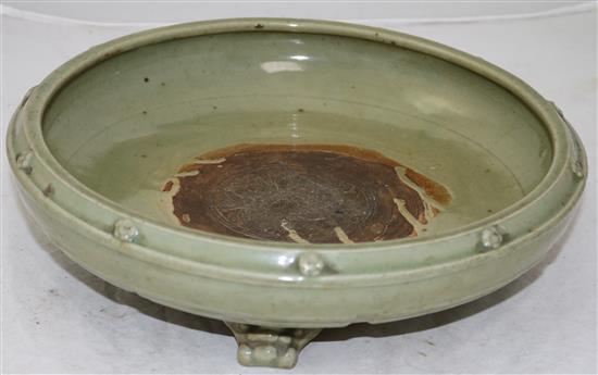 A large Chinese Longquan celadon eight trigrams tripod censer, Ming dynasty (1368-1644), diameter 32cm